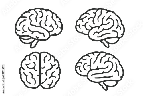 Human brain icon set. Line art vector illustration. Simple outline drawing of mind. Concept for psychology, science, intelligence, memory, knowledge and creativity.