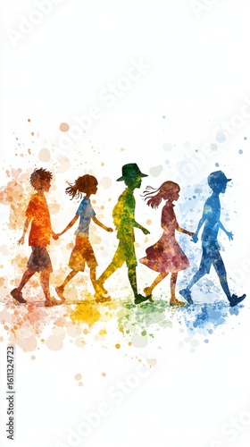 Colorful Silhouette Children Walking Together on White Background
