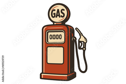 Retro gas pump vector illustration. Vintage fuel dispenser icon for gas station service. Old classic gasoline pump isolated on transparent background. Automotive nostalgia concept.