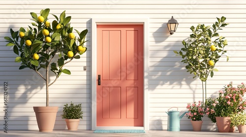Charming Lemon Tree Entrance with Bright Coral Door and Flowers