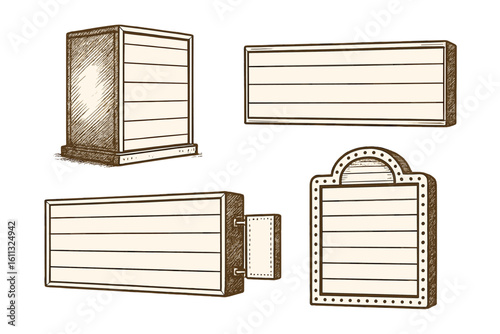 Collection of vintage lightboxes and retro cinema marquee signs. Hand-drawn sketch illustration set. Blank templates for advertising, announcements, or messages. Vector.