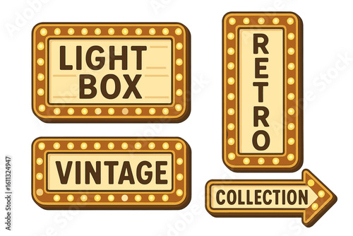 Vintage lightbox collection vector illustration. Retro marquee sign with light bulbs. Old cinema, theater, or circus style banner and arrow for advertisement and show.