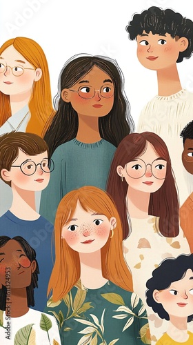 Diverse Group of Young Women with Various Hairstyles and Expressions
