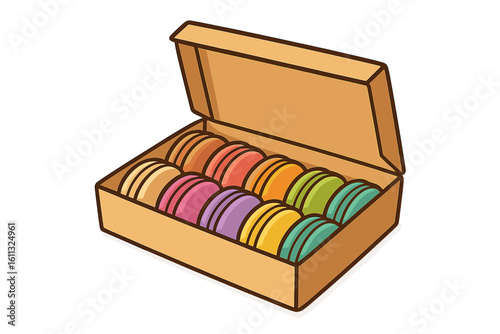 Colorful macarons in open cardboard gift box. Vector illustration of French sweet pastry dessert. Confectionery cartoon icon set isolated on transparent background.
