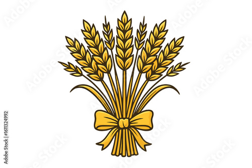 Sheaf of wheat tied with ribbon bow. Golden ripe ears vector logo. Agriculture, farm, bakery concept. Organic food illustration. Harvest symbol icon isolated on white.