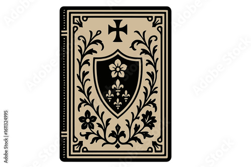 Medieval book cover vector with heraldic shield, cross, and fleur de lis. Ornate vintage floral ornament for history or fantasy themes. Isolated antique design template.