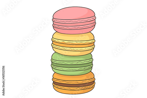 Stack of colorful sweet macarons. French macaroons tower. Cute hand drawn cartoon vector illustration of a pastry dessert. Food icon isolated on transparent background.