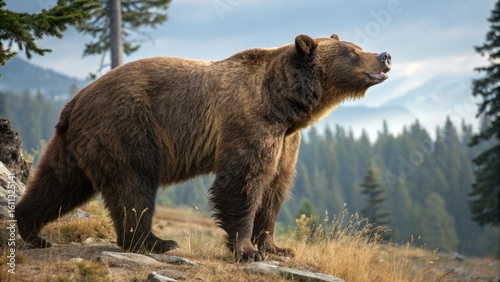Brown bear cubs and a grizzly in the wild forest, a dangerous, big mammal predator of nature
