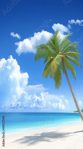 Serene Tropical Beach with Lush Palm Tree and Clear Blue Sky