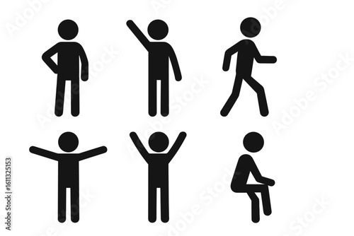 Set of stick figure icons in different poses. Vector pictogram collection of a person standing, walking, sitting, waving and cheering. Simple human silhouette.