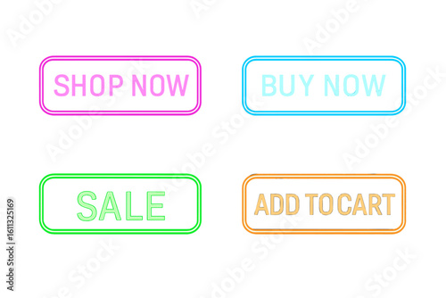 Neon buttons vector set for web shop. Glowing call to action signs for e-commerce. Buy now, add to cart, sale icons. UI UX elements on transparent background illustration.