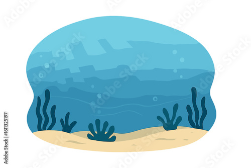 Cartoon underwater sea background vector. Ocean floor with sand, seaweed, and sun light rays. Simple flat marine life scene illustration. Aquatic nature concept isolated.