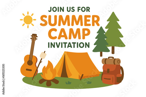 Summer camp invitation vector illustration. Camping concept with tent, campfire, guitar and backpack. Kids adventure and travel poster design on isolated background.