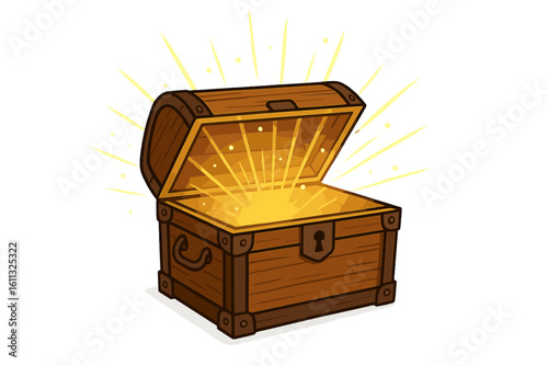 Open wooden treasure chest with glowing light inside. Vector illustration for pirate adventure game. Magic box with surprise, reward, prize. Discovery concept isolated.