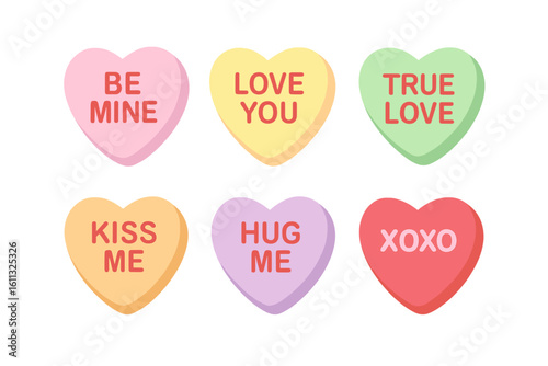 Valentine's Day conversation hearts vector set. Sweet candy with romantic text messages: Be Mine, Love You, True Love, Kiss Me. Sugar food illustration isolated on white.
