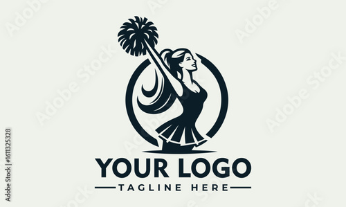 Silhouette of a cheerleader with pom-pom raised high, inside a circle.