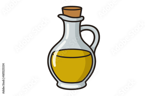 Olive oil in glass decanter bottle vector cartoon illustration. Healthy cooking ingredient for Mediterranean diet. Golden liquid for salad dressing. Kitchen food icon isolated.