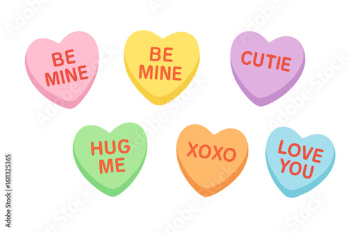 Sweetheart candies isolated on white background. Conversation sweets for valentines day. Valentine sugar food hearts with love messages vector illustration. Cute candy set.