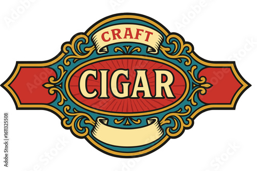 Vintage cigar label design template. Ornate retro vector emblem for premium craft tobacco products. Classic luxury logo with editable banner for text. Smoking concept.