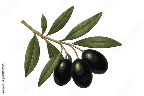 Realistic black olive branch vector illustration. Fresh olives with leaves. Healthy Mediterranean food ingredient isolated on transparent background. Natural organic plant design.