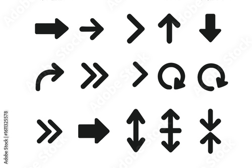 Arrow icons set. Collection of black simple direction pointers. Vector symbols for navigation, web, UI, UX. Up, down, next, previous, refresh and resize signs.