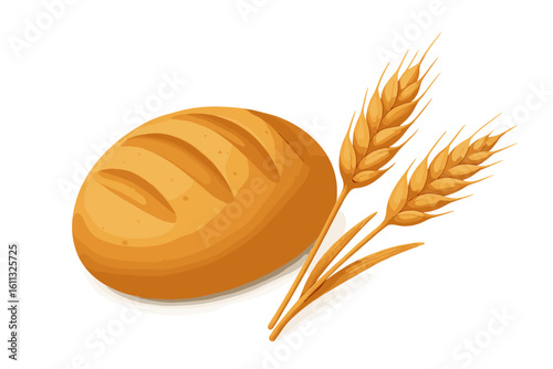 Freshly baked bread loaf and wheat ears. 3D vector illustration for bakery. Organic food concept. Healthy nutrition from grain. Agriculture harvest symbol. Fresh dough.