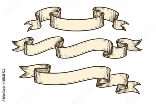 Set of retro ribbons and banners. Old vintage style scroll collection for label or badge design. Hand drawn engraved vector illustration isolated on white background.