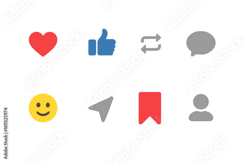 Social media icons set. Like, love, heart, thumb up, comment, share, save, repost, user profile and emoji reaction buttons. Vector illustration for app and web UI design.