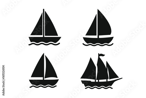 Sailing boat and ship silhouette vector icon set. Black graphic on transparent background. Nautical vessel, yacht on sea wave for travel, regatta or cruise design.