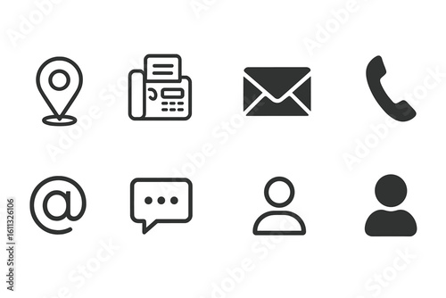 Contact us icon set. Vector communication symbols for web, print, business card. Line and solid style collection. Location, phone, email, fax, message, user icons.