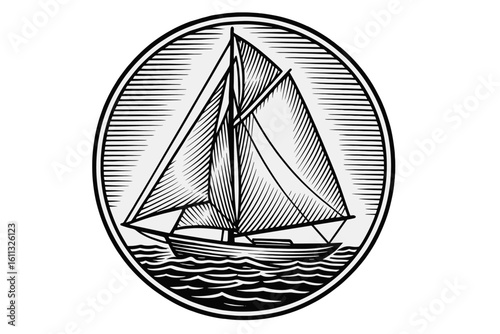 Sailboat logo vintage emblem. Sailing ship in sea waves. Retro marine cruise, ocean travel adventure. Nautical yacht, maritime transport icon. Engraving style vector design.