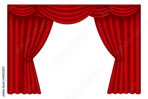 Red stage curtain on a transparent background. Vector illustration of theatre or cinema drapes. Realistic luxury silk fabric for a show, premiere, or grand opening.