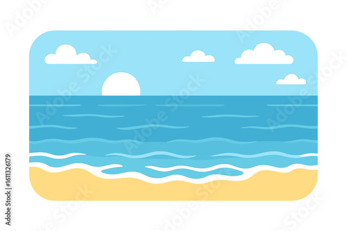 Sea panorama landscape vector illustration. Summer beach with waves and sun. Tropical vacation background. Seascape scenery for travel poster. Flat cartoon design element.