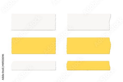 Set of realistic white and yellow adhesive tape strips. Torn sticky scotch pieces. Washi tape for scrapbooking. Vector illustration isolated on transparent background.