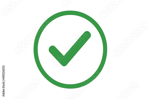 Green check mark icon in circle. Tick symbol. Approved, accepted, and success sign. Quality check validation. Vote yes button. Isolated vector element for web UI.