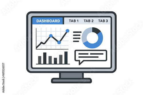 Data analytics dashboard on computer screen. Business intelligence monitoring with graphs and charts. Financial report and statistics analysis concept vector illustration.