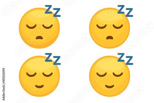 Sleeping emoji face vector icon set. Sleepy emoticon characters with zzz symbol. Cartoon illustration for tired, nap, or rest concepts. Cute yellow smiley collection.