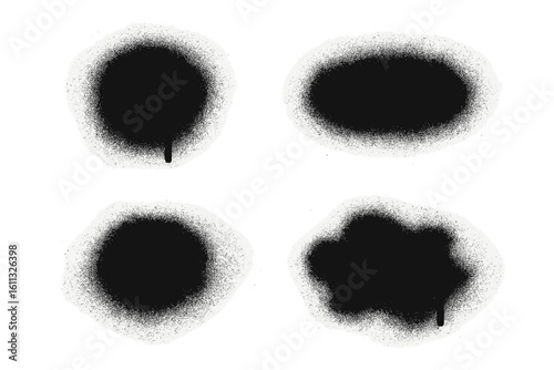 Black spray paint graffiti elements. Aerosol splatter blobs and circles. Set of four grunge textures with drips. Urban street art design vector on transparent background.