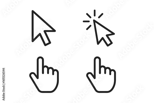 Cursor icons set with hand and arrow pointer. Mouse click cursor collection for web design. UI UX graphic elements. Digital select and press symbol. Simple line art vector.