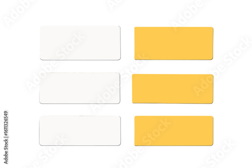 Set of yellow and white sticky note strips. Blank memo paper labels with shadow effect. Vector illustration for office supplies, messages, reminders, isolated on transparent background.