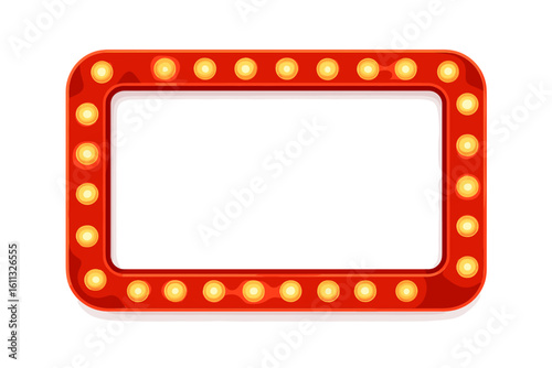 Retro light bulb sign frame. Red rectangle marquee border with glowing lamps. Vintage casino, cinema or theater billboard. Vector illustration for show or event promotion.