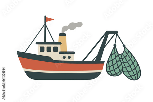 Trawling fishing vessel vector illustration. Commercial fish boat or ship with nets for seafood industry. Maritime nautical transport cartoon icon for graphic design.