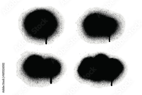 Set of black spray paint graffiti shapes. Vector aerosol drip blobs isolated on white. Urban street art grunge texture collection. Abstract ink splatter elements design.
