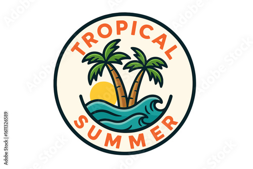 Tropical summer beach logo with palm trees and ocean waves. Retro vintage vacation holiday travel emblem sticker design. Vector illustration isolated on transparent background.