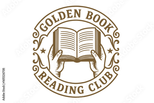 Vintage reading club emblem with hands holding open book. Retro library logo or literary society stamp. Classic education, knowledge, and study vector illustration.