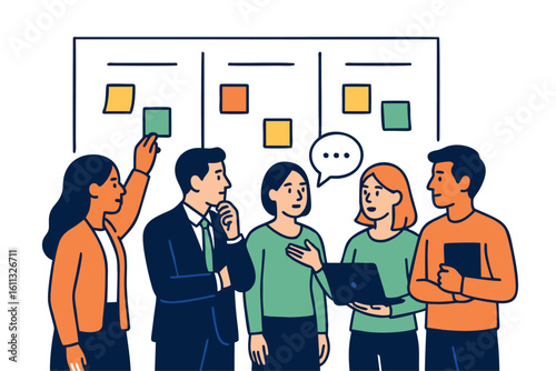 Flat Vector Illustration of Diverse Business Team Using Kanban Board for Agile Project Management – Minimalist Design