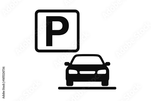 Car parking icon vector. Parking area sign symbol. Automobile transport graphic. Traffic sign for park zone or lot. Black silhouette isolated on white background. Simple flat design element.