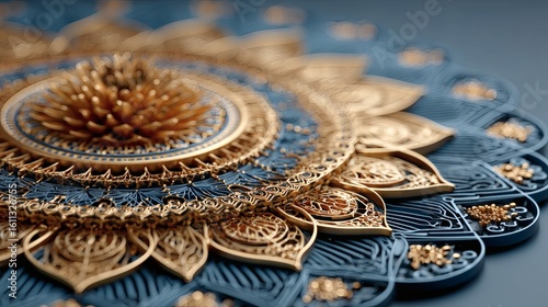 Intricate Gold and Blue Mandala Art with Detailed Layers and Ornamental Design for Cultural or Decorative Use