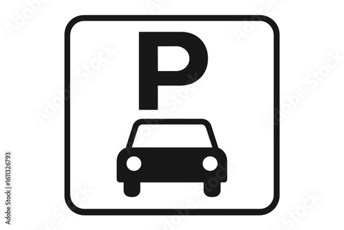 Car parking icon vector illustration. Road sign for parking area or lot. Traffic symbol for automobile transport. Simple black and white isolated pictogram for park zone place.