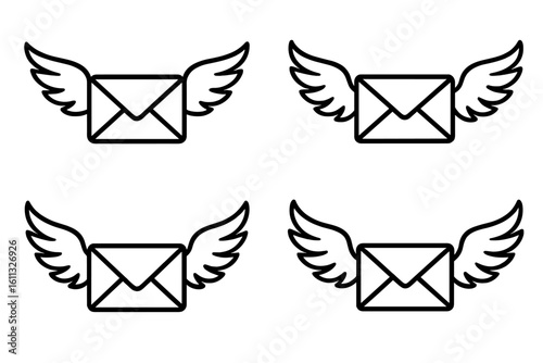 Winged envelope icons vector illustration. Metaphor for airmail, fast post, email, and speedy communication. Flying letter concept for express delivery. Line art set.